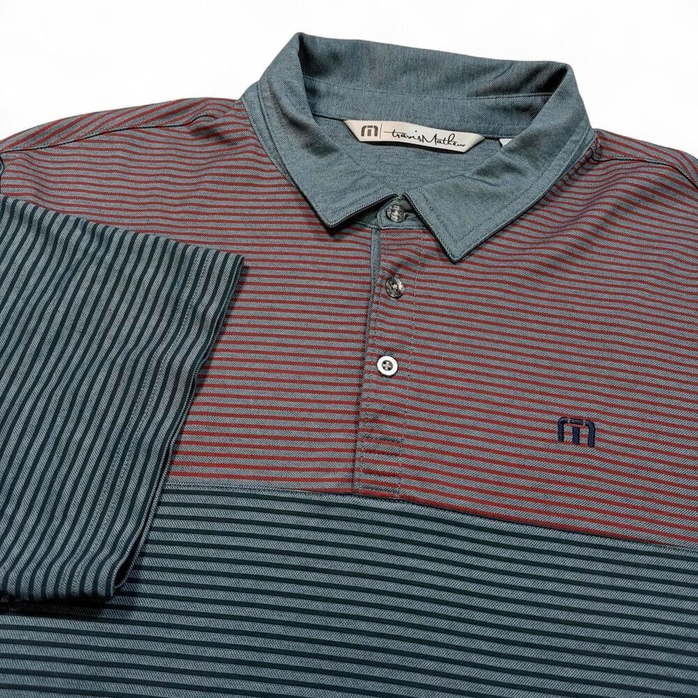 Travis Mathew Men's Performance Golf Polo Color Block Gray Red Navy Stripes XL